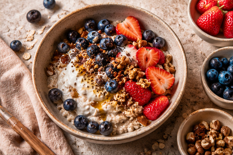An illustrative bowl of oats, yogurt and berries.